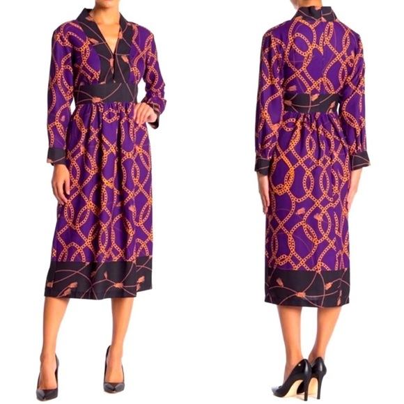 Neiman Marcus Vintage Dress Purple Chain Print V Neck Midi Dress / 2 - Picture 1 of 15